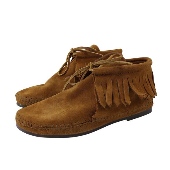 Minnetonka Moccasins Suede Booties Fringe Lace Up Sz 9.5 Boho Western - Picture 1 of 12